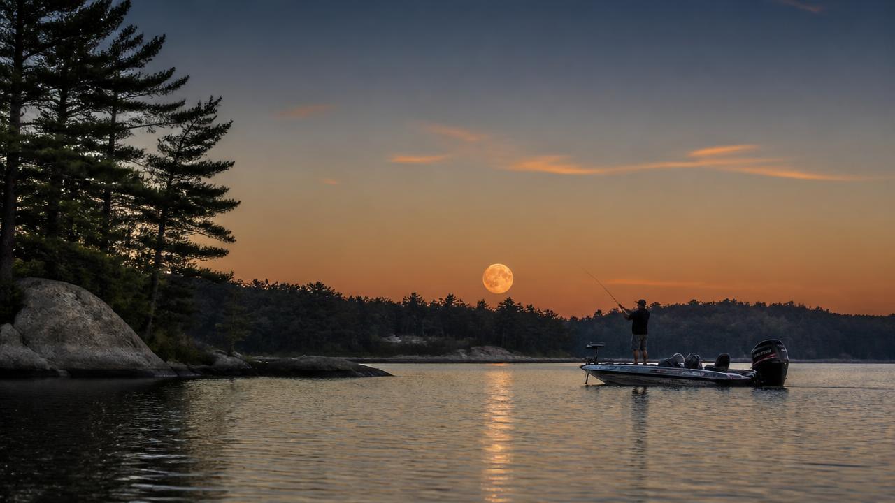 A full moon rising over a calm Ontario lake at dusk as an angler casts from a bass boat beside a pine and granite shoreline