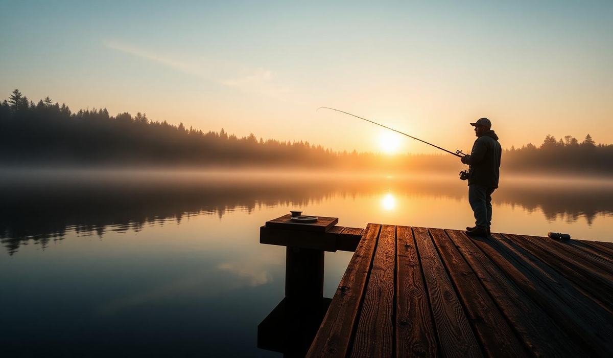 Beginner angler casting from an Ontario shoreline at golden hour