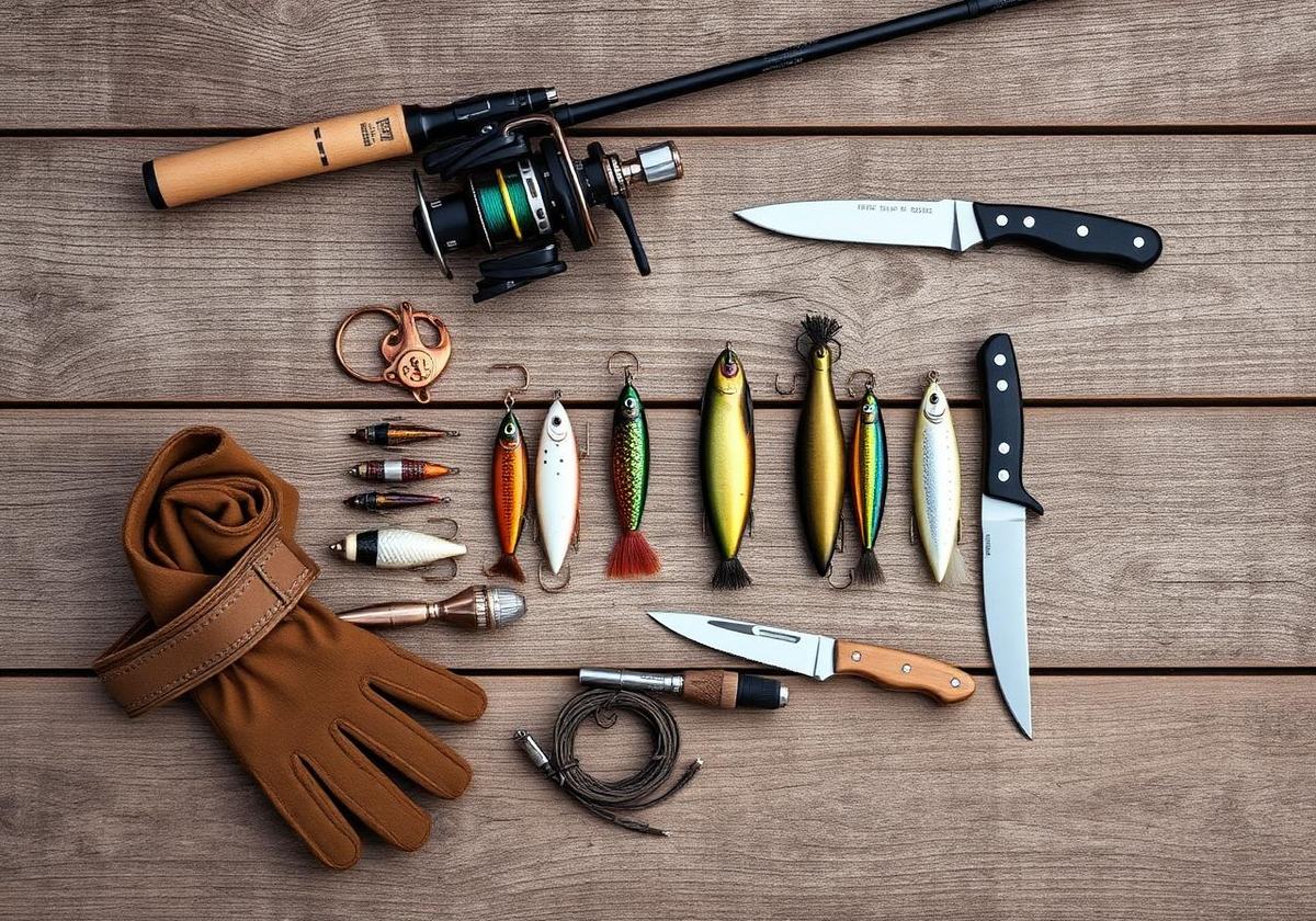 Premium fishing rods, reels and tackle laid out on wood