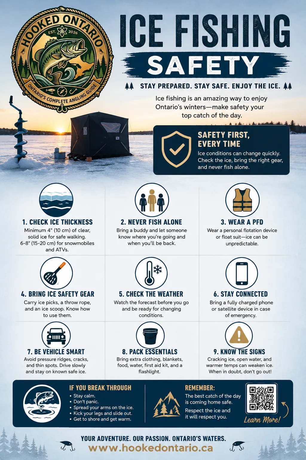 Ice fishing safety infographic — nine safety tips for Ontario anglers