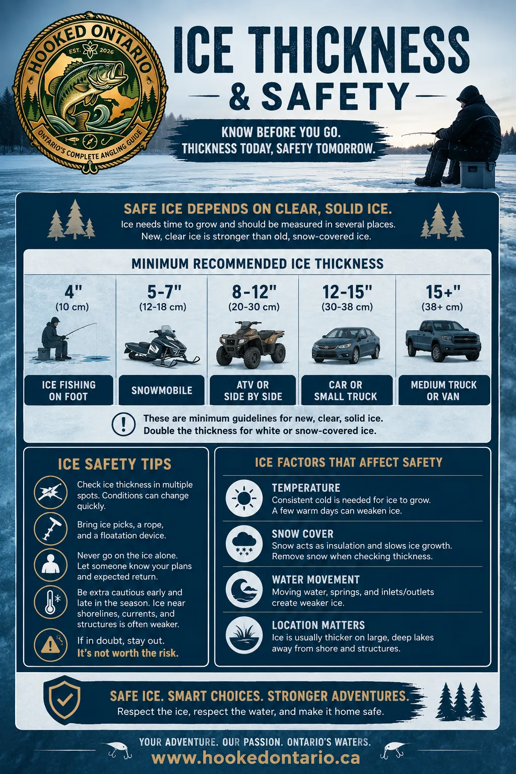 Ice thickness and safety infographic — minimum recommended thickness by activity