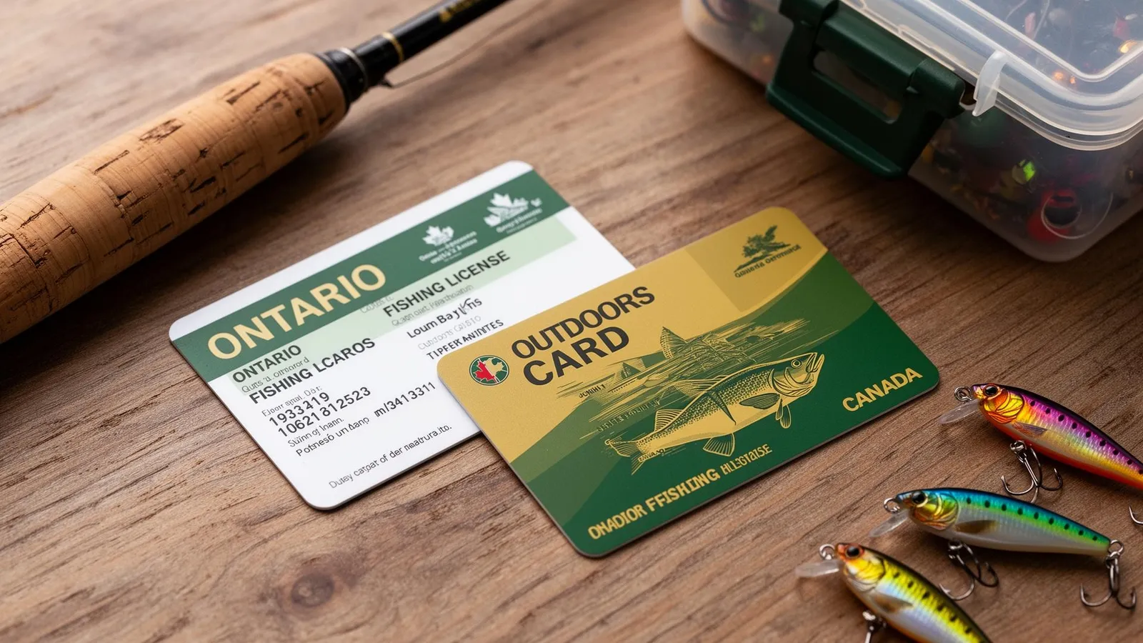 Ontario Outdoors Card and fishing licence shown next to a fishing rod and tackle box