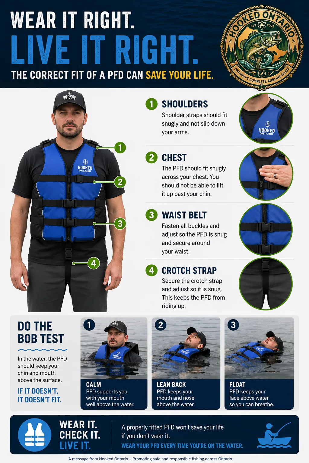 PFD fit guide: shoulders, chest, waist belt, crotch strap and the in-water Bob Test