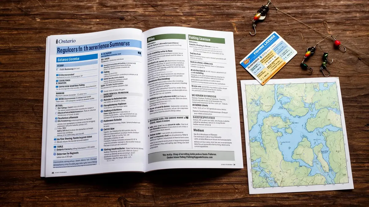 Open Ontario fishing regulations summary booklet with licence card and topographic lake map