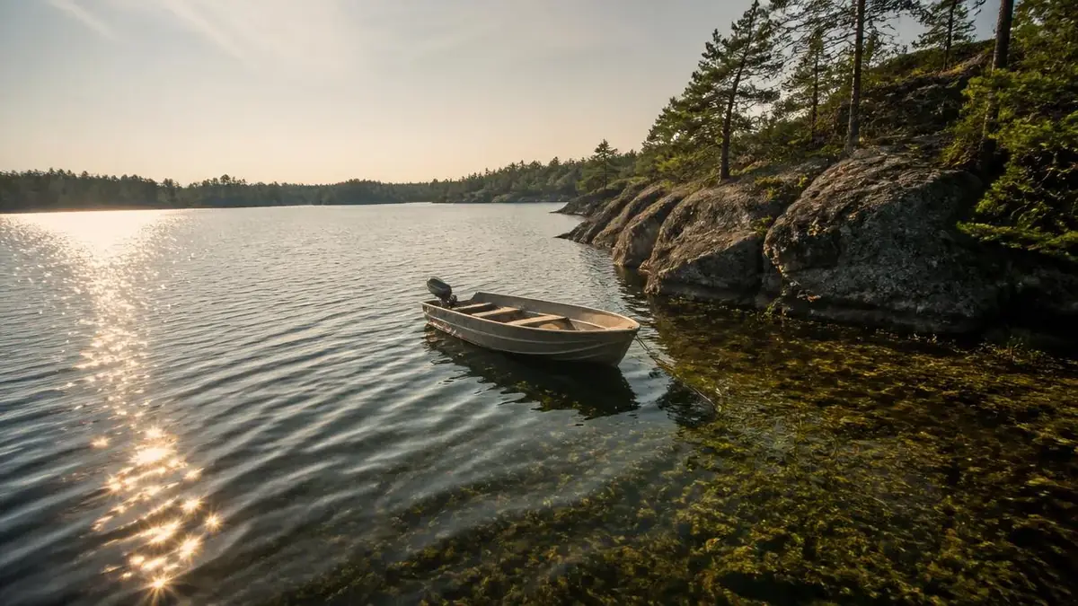 Angler wading a clear Ontario lake on a sunny summer morning with tackle ready