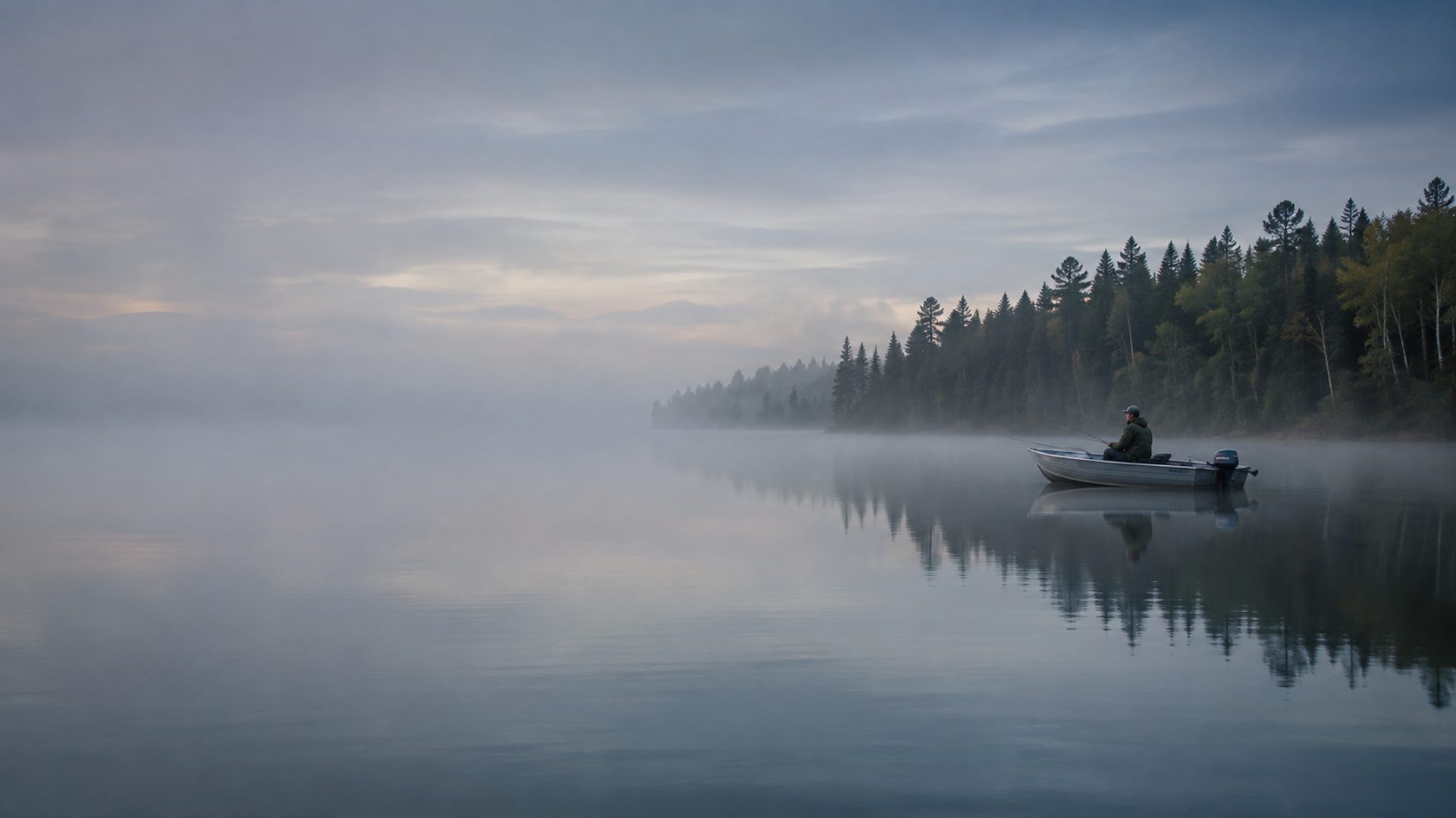 Lone angler in an aluminum boat on a calm, misty Ontario lake at first light with a spruce treeline behind